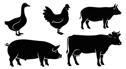 Farm Animals Silhouettes Set: Goose, Chicken, Pig, and Cows for Agricultural Concepts