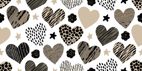Fototapeta premium Seamless pattern of hand drawn hearts and stars in neutral tones