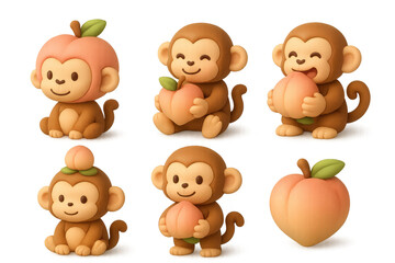 Fototapeta premium Cute clay monkeys with peaches, a delightful collection of playful characters