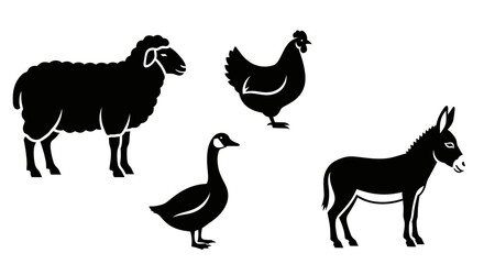 Fototapeta premium Farm Animals Silhouettes: Sheep, Chicken, Goose, and Donkey Isolated on White
