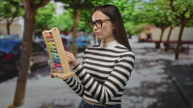 Young woman holding an abacus and moving beads on a city street lined with trees and parked cars; learning calculation concentration.