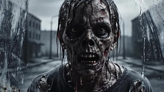 A zombie with a terrifying expression standing behind a dirty window on a rainy day