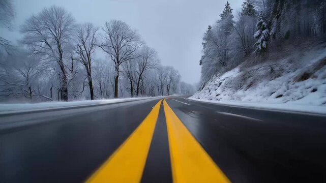 Beautiful winter road with snow-covered trees along the side showing the chilly weather and quiet atmosphere in a rural area in the early morning
