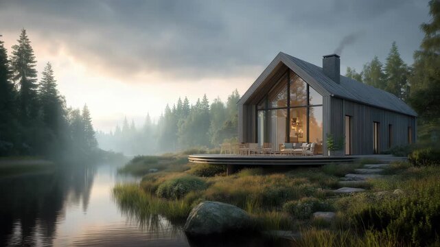 Modern wooden eco-villa with terrace on a misty lake at sunrise