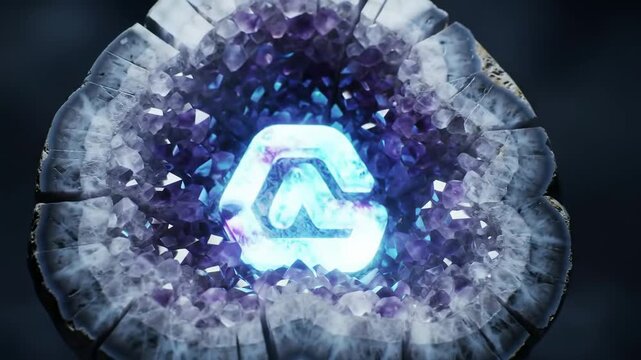 A mystical glowing blue crystal rests inside an amethyst geode