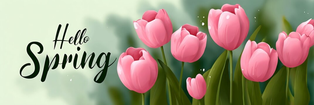 Hello spring banner background with spring season sale text and tulip flowers. Can be used for web banners, wallpaper, flyers, voucher discount. Horizontal wide