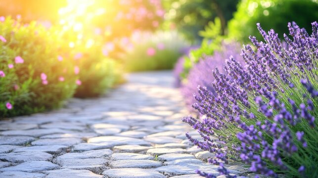 A beautiful garden path with a variety of purple flowers, including lavender, is bathed in sunlight. The path is made of stone and is surrounded by lush greenery. The flowers are in full bloom