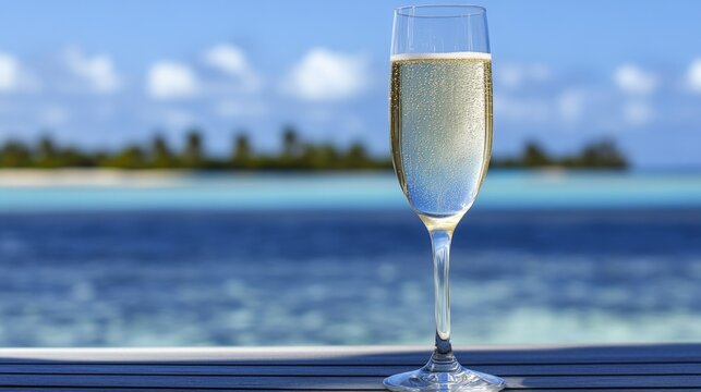 A glass of champagne is sitting on a table by the ocean. The glass is half full and the bubbles are rising to the top. The scene is serene and relaxing, with the ocean in the background
