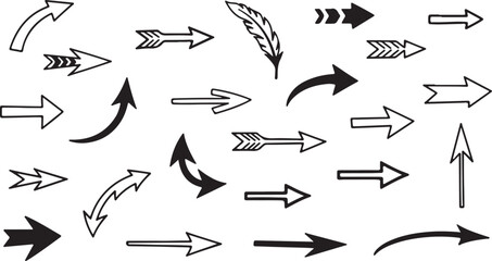 A collection of various black and white arrows on a white background