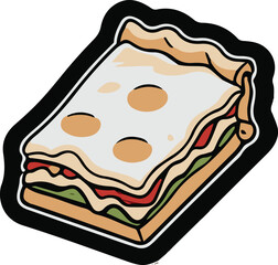 Minimalist frozen lasagna slice vector sticker, bold black thick clean outline, pure white background, isolated object 2