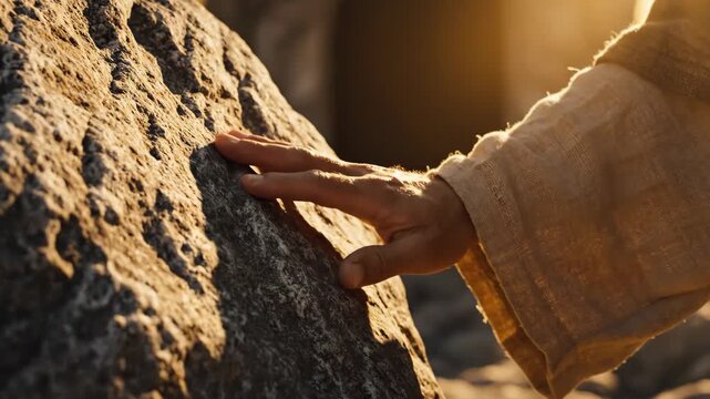close up of male hand touching stone surface in sunlight. man in ancient linen robe. jesus christ resurrection concept. easter holiday background. biblical history, religion, christianity.