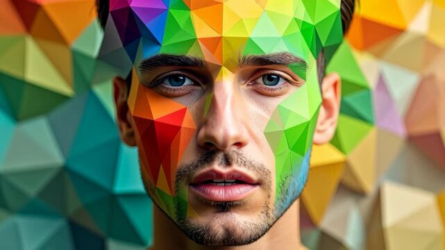 Man's face covered in colorful geometric polygons against a matching abstract background