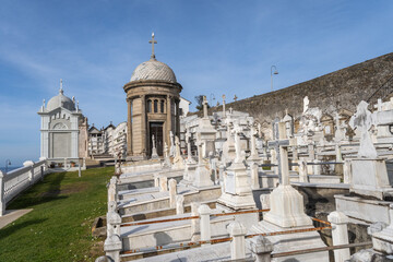 Obraz premium A wide-angle view of the famous white-washed cemetery in Luarca, Asturias, featuring elegant white crosses and monuments arranged on a green slope with a breathtaking coastal backdrop.