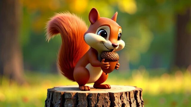 Cute animated squirrel holding an acorn and sitting on a tree stump