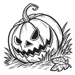 A classic jack-o'-lantern resting among autumn leaves in a detailed sketch style