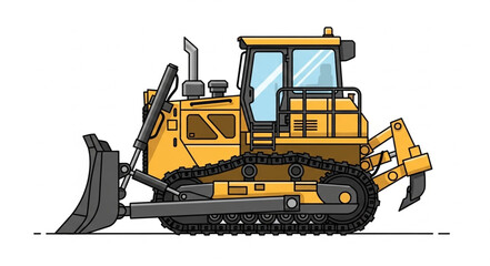 Detailed illustration of a powerful yellow bulldozer ready for construction work on site. © Basar