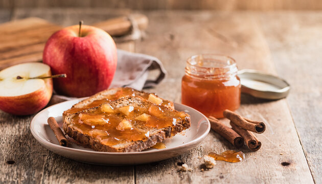 Apple jam on toast with cinnamon sticks and apples