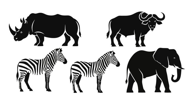 African Safari Animals Silhouettes Set: Elephant, Rhino, Buffalo, and Zebras Wildlife Collection