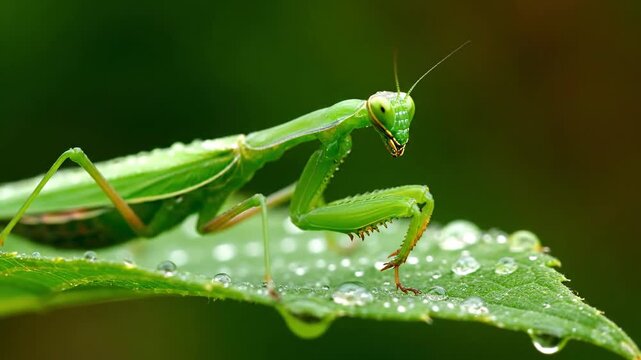A praying mantis sits on a dewy green leaf in nature
