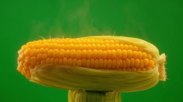 Steaming hot corn on cob rotating against green screen background in high quality footage