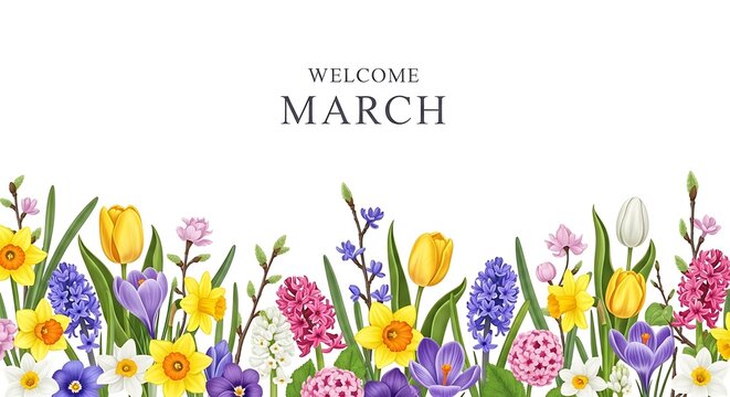 Welcome March floral banner with spring flowers and pastel colors for seasonal greeting cards