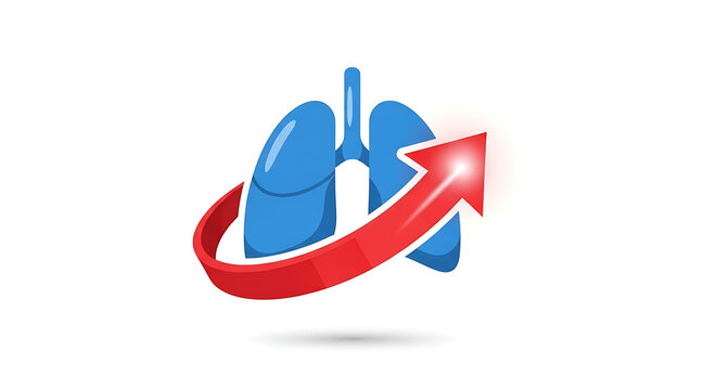 Dynamic recovery concept showing blue anatomical lungs surrounded by a rising red arrow, symbolizing respiratory health improvement and medical progress. 3D vector illustration.