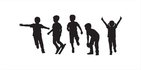 Black silhouette of children playing on playground equipment, kids swinging climbing and hanging on monkey bars over white background, vector set © Topu