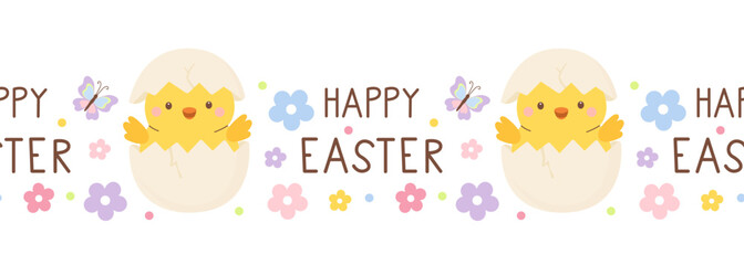 Cute Easter repeating border with yellow chick in eggshell and tiny flowers. Perfect for spring holiday decorations. Flat vector illustration. © Nataliia Vyshnytska