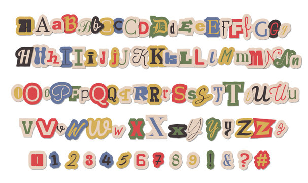Retro magazine cutout letters vector collection. Colorful paper alphabet elements in trendy pop art collage style. Vibrant typographic font set for Y2K posters, scrapbooking, quotes and social media.