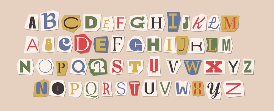 Ransom note alphabet vector set with colorful magazine cutout letters. Grunge collage typography font made of ripped newspaper pieces. Anonymous text design elements for punk posters and retro artwork