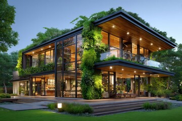 Obraz premium Modern architectural design featuring a lush green home with large glass windows at dusk