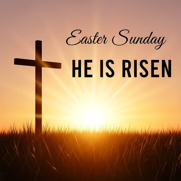 He Is Risen Easter Sunday single cross at radiant sunrise over grass