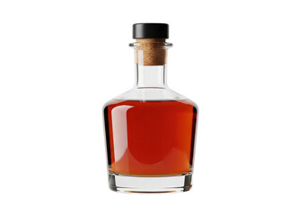 A glass bottle with amber liquid and cork stopper on transparent background