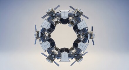 A 3d illustration of a broken glass sphere and blocks forming a robotic network symbol that represents technology and business design through shattered metal and glass