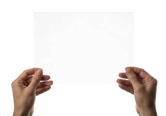 Obraz premium Hands holding a blank white paper sheet ready for content on transparent background