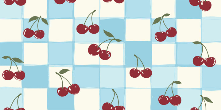 Charming and nostalgic seamless pattern featuring ripe dark red cherries scattered across a hand-painted checkered background. Perfect for fabric, packaging, wallpaper, and retro branding