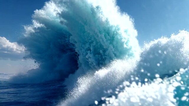 Powerful ocean wave crashing against the shore