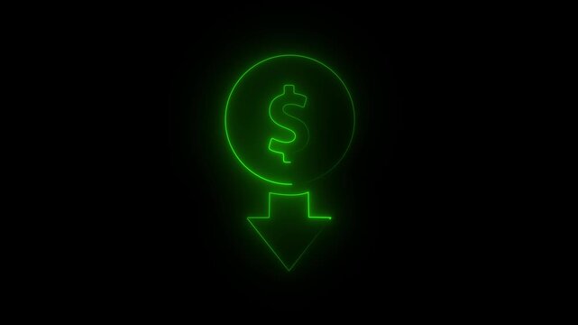 Glowing Green Dollar Sign with Downward Arrow on Black Background Symbolizing Financial Loss or Decrease Neon Lit Currency Concept