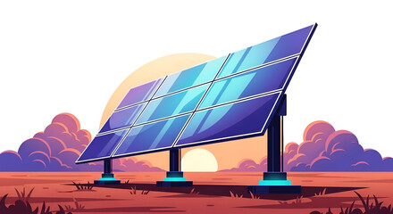 Solar panels in a desert landscape at sunset