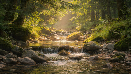 Obraz premium Sunlit Forest Stream: A Tranquil Nature Scene with Cascading Water Over Rocks, Shimmering Light, and Lush Green Foliage in a Serene Woodland Setting