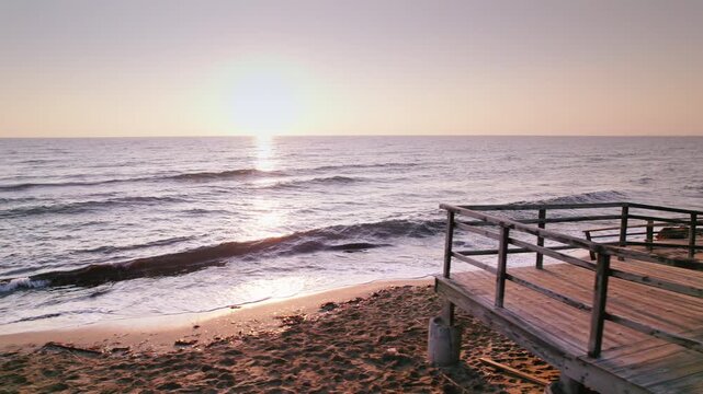 Dawn on Long Beach: Timeworn Steps and Gentle Sunrise Waves in Iskele, Northern Cyprus