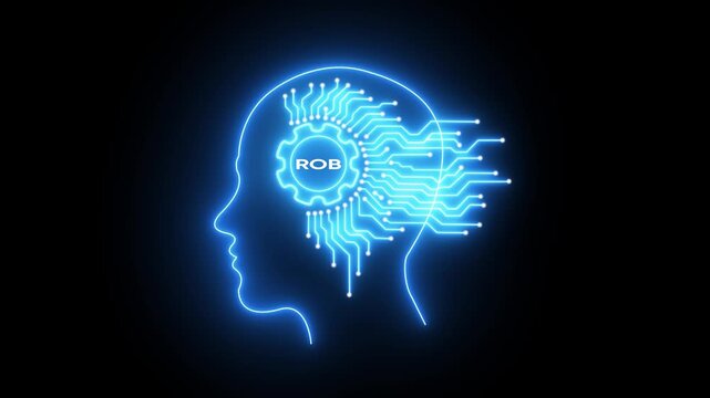 Glowing Blue Human Head with Circuit Board Brain and Registered Trademark Symbol Inside Gear neon blue human head