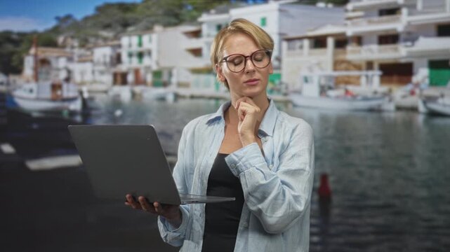 Woman holding laptop, hand to chin while standing by boats and a seaside building, wearing glasses and a light shirt; thoughtful focus.