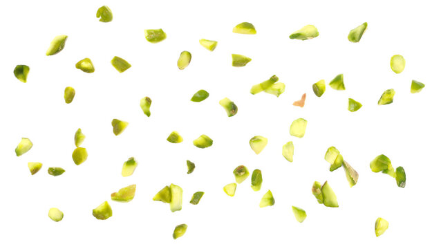 Pistachios chopped pattern isolated on white background, top view