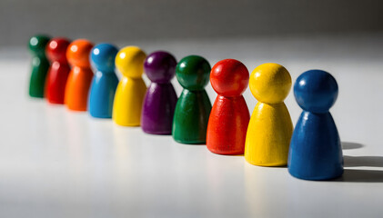 A vibrant line of diverse wooden game pieces, colorful and distinct, symbolizing unity and individuality in a playful, conceptual visual metaphor