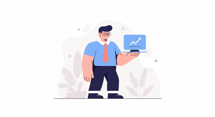 A stylized male professional in a blue shirt and red tie holds a tablet displaying a growth chart