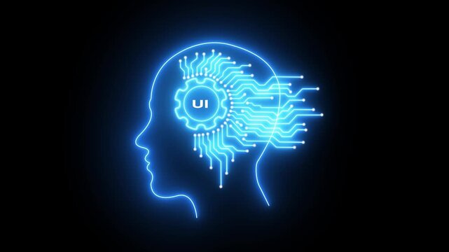 Glowing Blue Human Head with Circuit Board Brain and Gear Cog Symbol Inside Representing Artificial Intelligence and Technology Concepts
