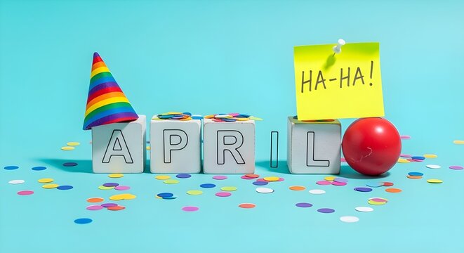 April fools day celebration with confetti and jokes