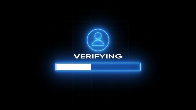 Verifying user authentication process with glowing blue neon and loading bar on dark background verification