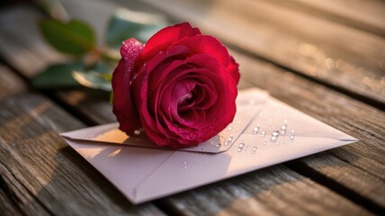 Single red rose with water droplets on pink envelope on rustic wooden table